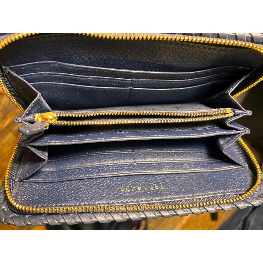 Tory Burch‎ Navy Leather Marion Slouchy Tote Bag Purse Gold Chain & Wallet EUC